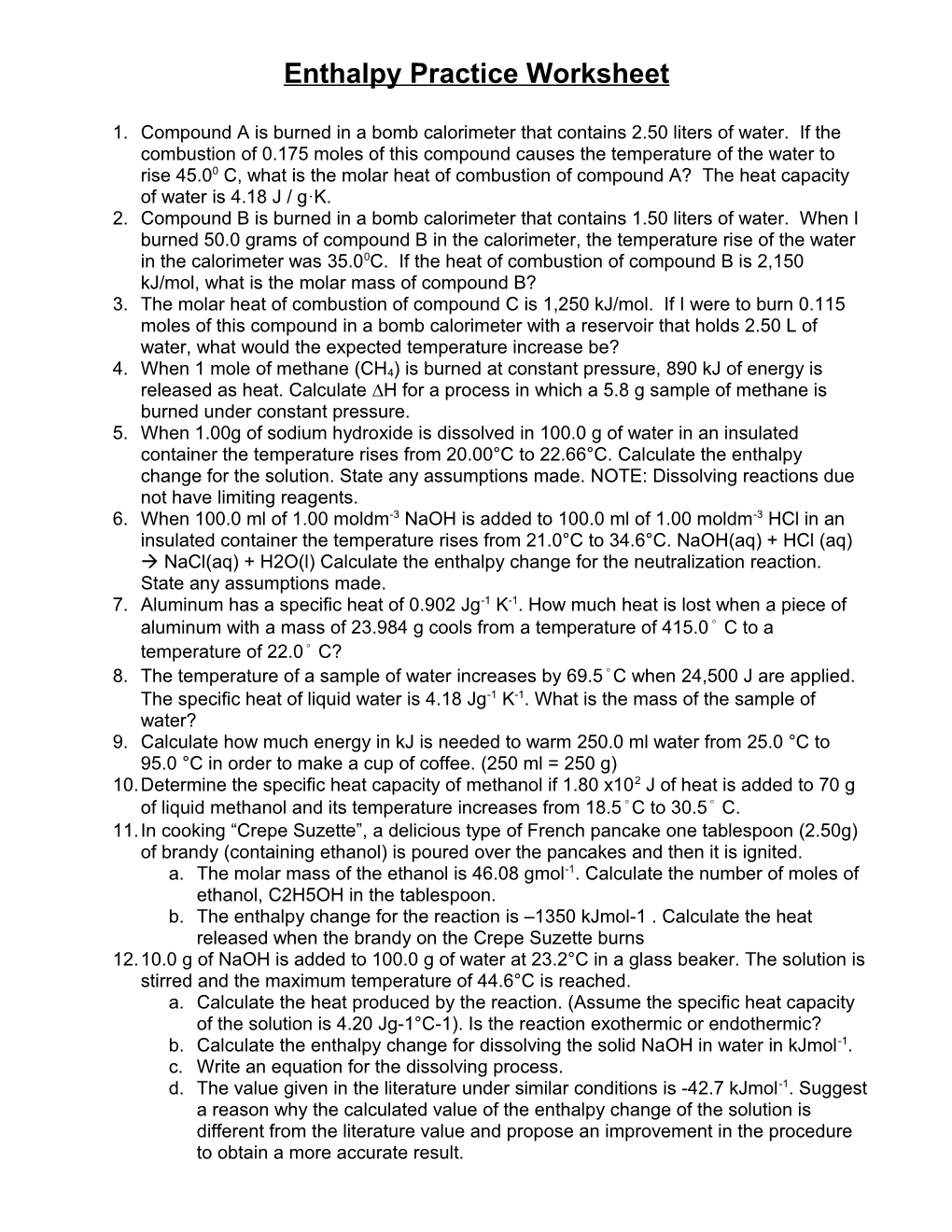 Enthalpy Practice Worksheet