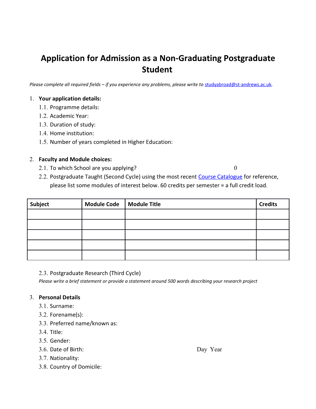 Application for Admission As a Non-Graduating Postgraduate Student