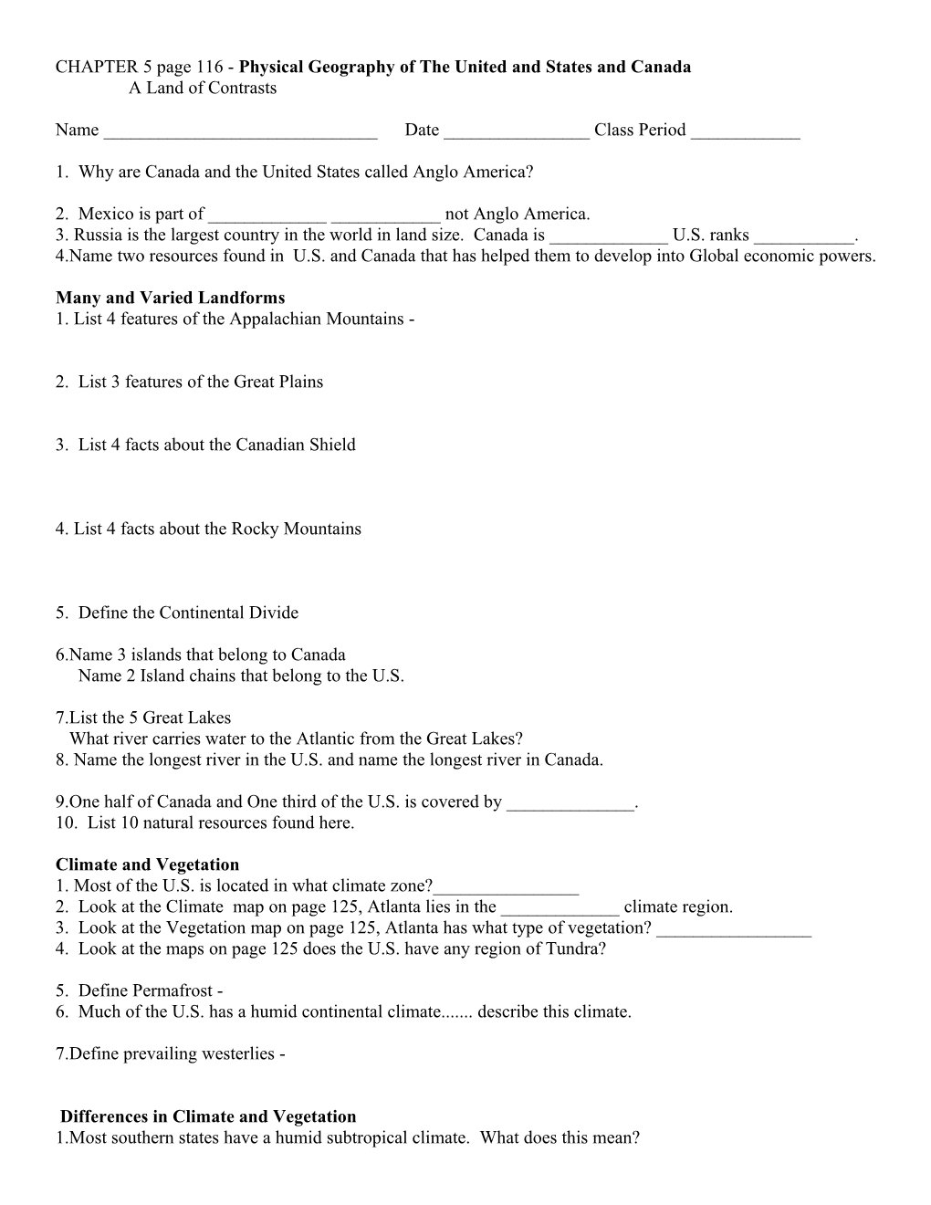 CHAPTER 5 Page 116 - Physical Geography of the United and States and Canada