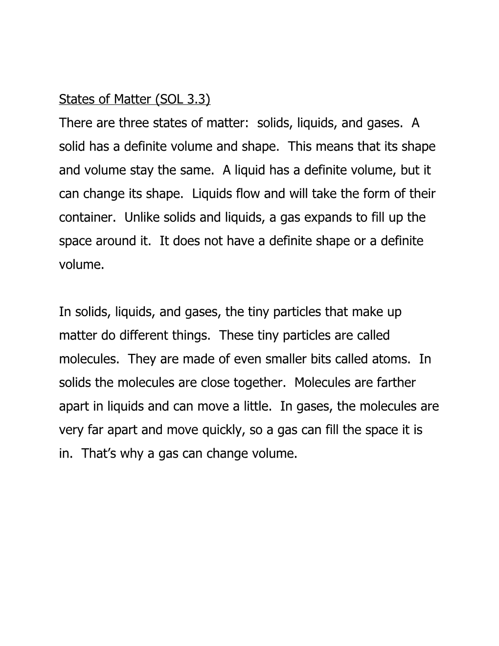 Describing Matter (SOL 3.3)