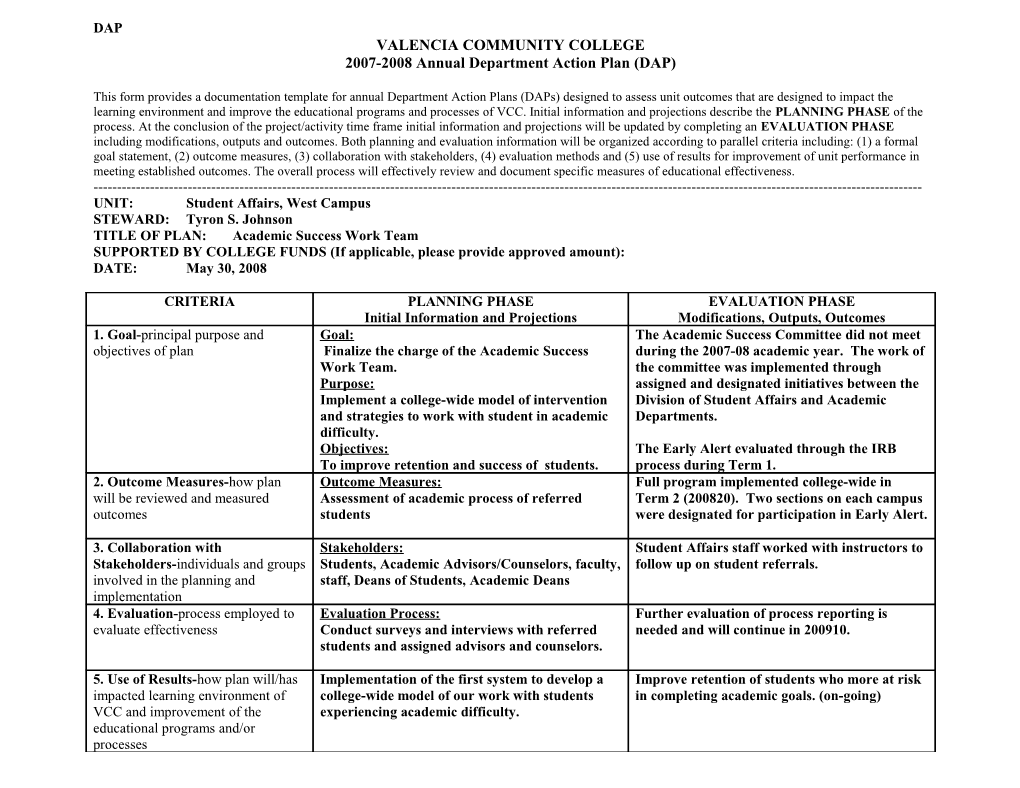 2007-2008 Annual Department Action Plan (DAP)