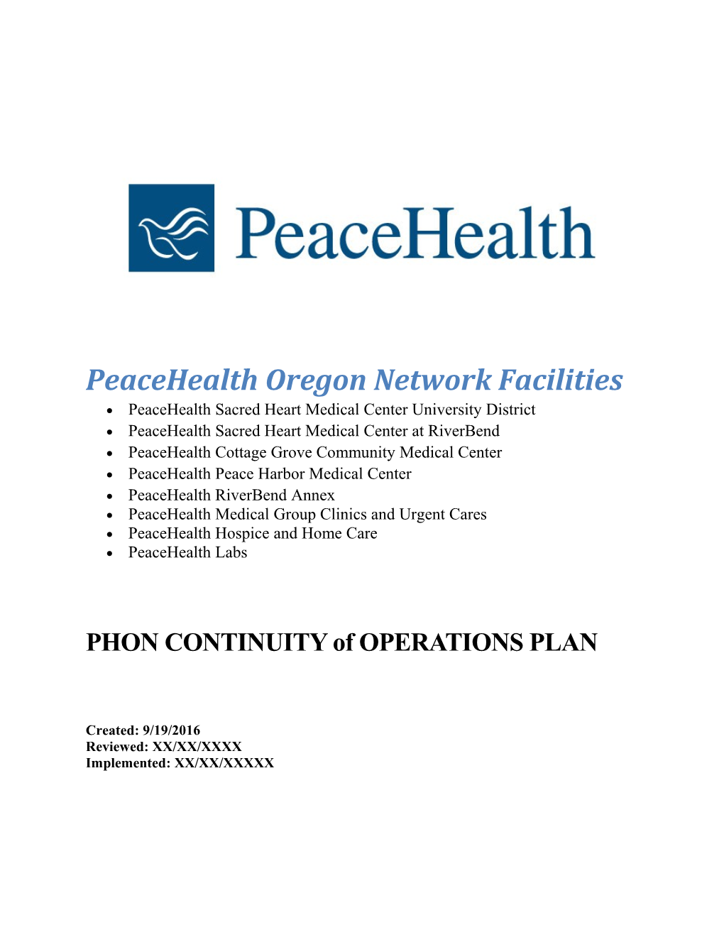 Peacehealth Oregon Network Facilities