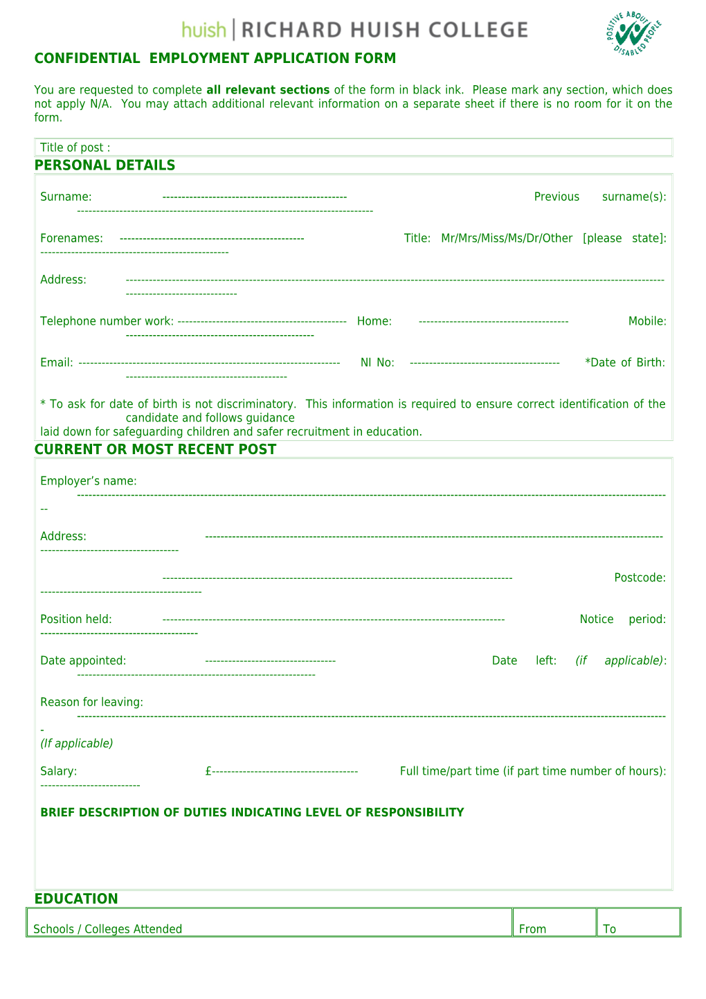 Confidential Employment Application Form