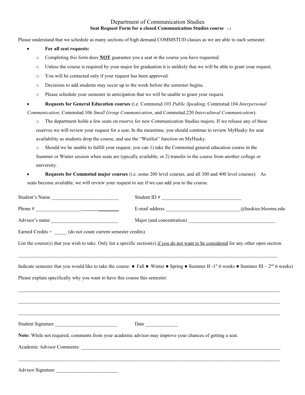 Seat Request Form for a Closed Communication Studies Course V.4