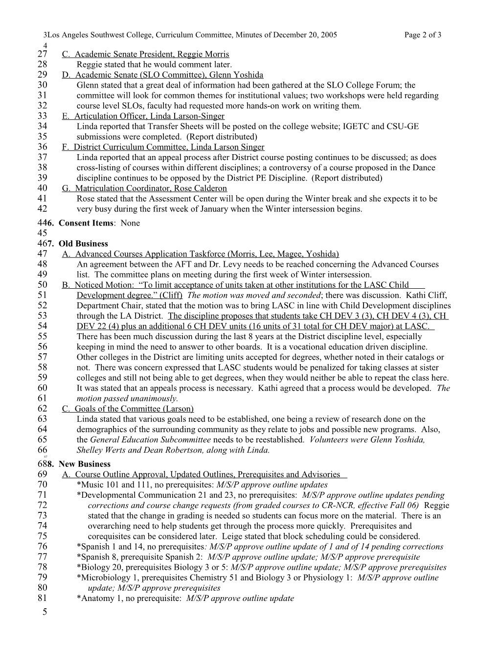 Los Angeles Southwest College, Curriculum Committee, Minutes of December 20, 2005 Page 1 of 3