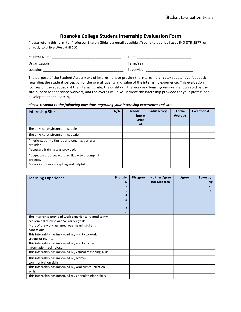 Roanoke College Student Internship Evaluation Form
