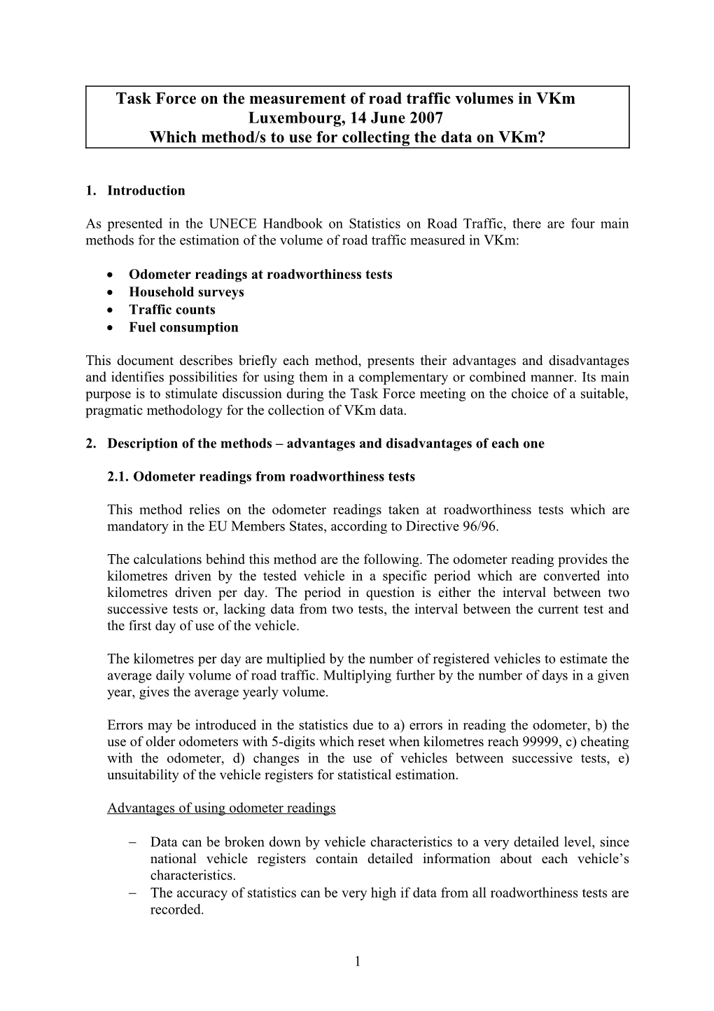 Task Force on the Measurement of Road Traffic Volumes in Vkm