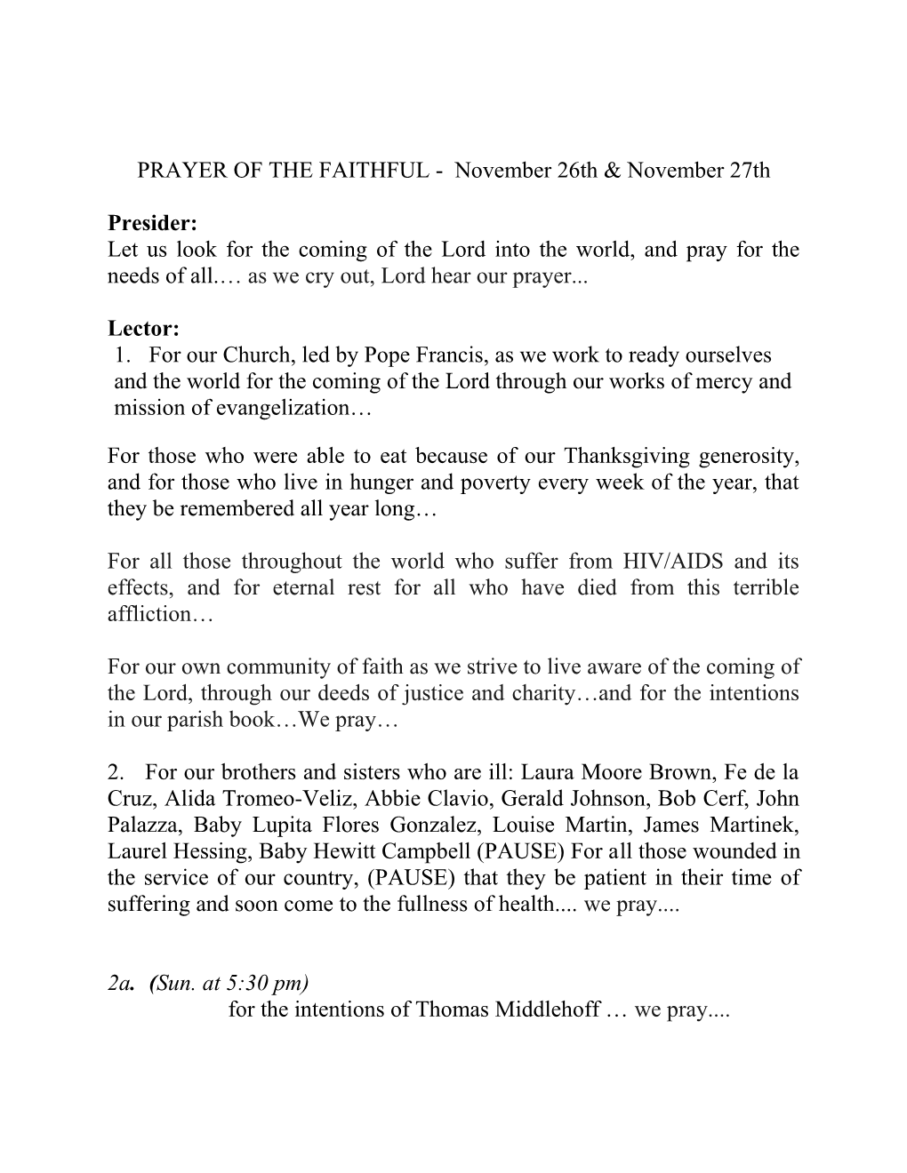 PRAYER of the FAITHFUL - November26thnovember 27Th