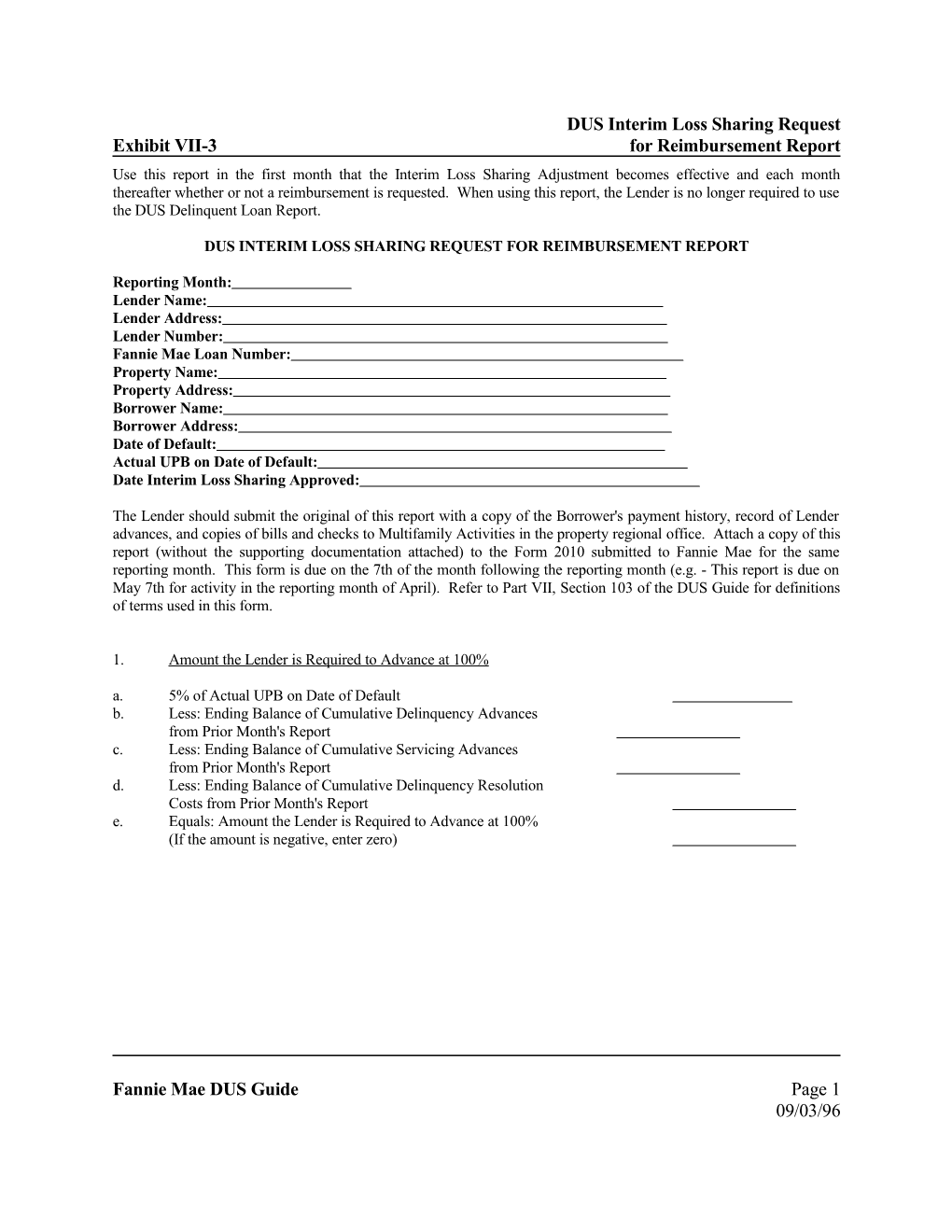 DUS Interim Loss Sharing Request for Reiumbursement Report