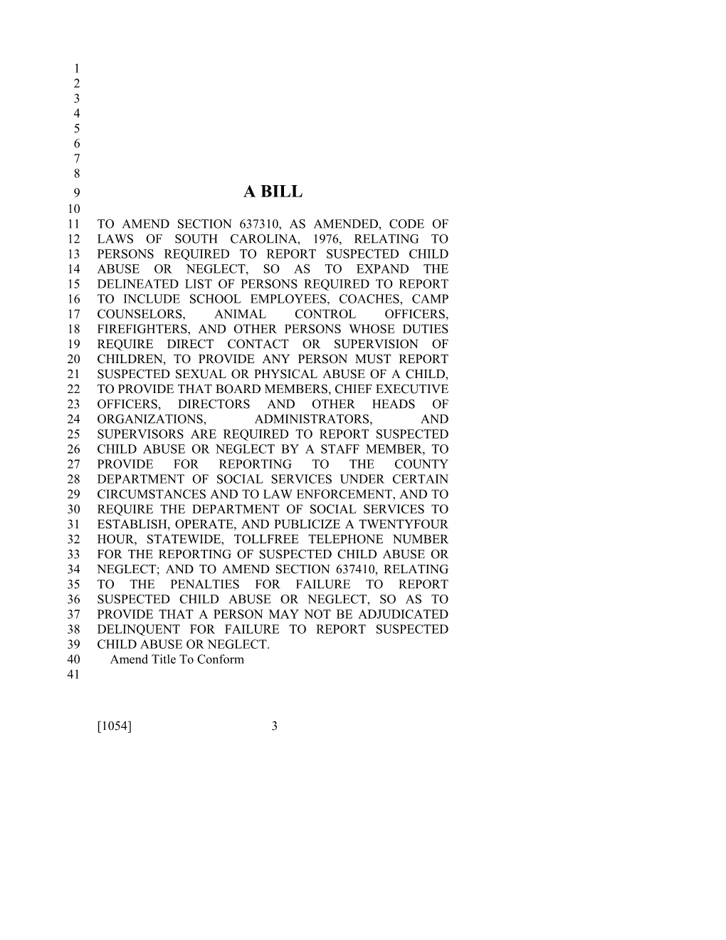 2011-2012 Bill 1054: Child Abuse Or Neglect - South Carolina Legislature Online