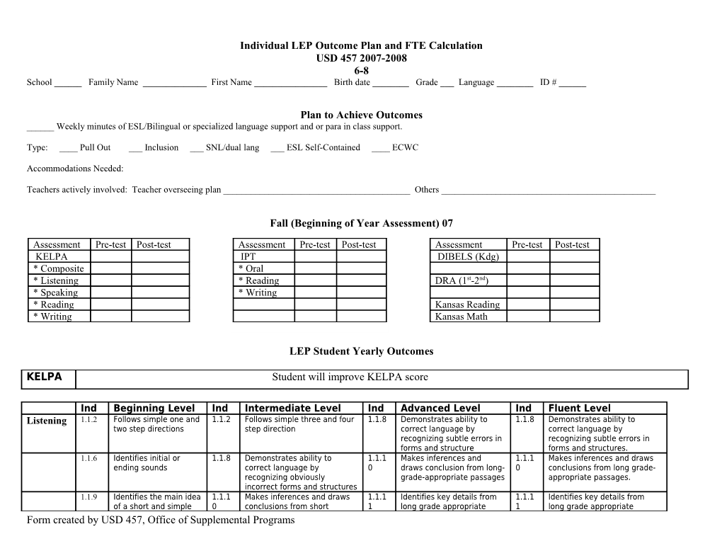 Individual LEP Outcome Plan and FTE Calculation