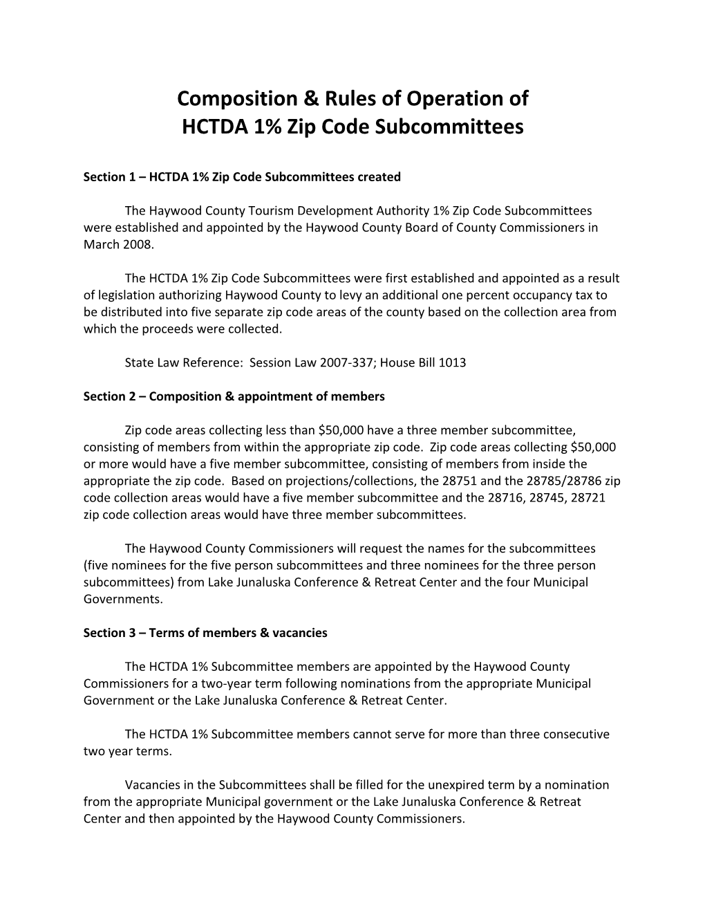 HCTDA 1% Zip Code Subcommittees