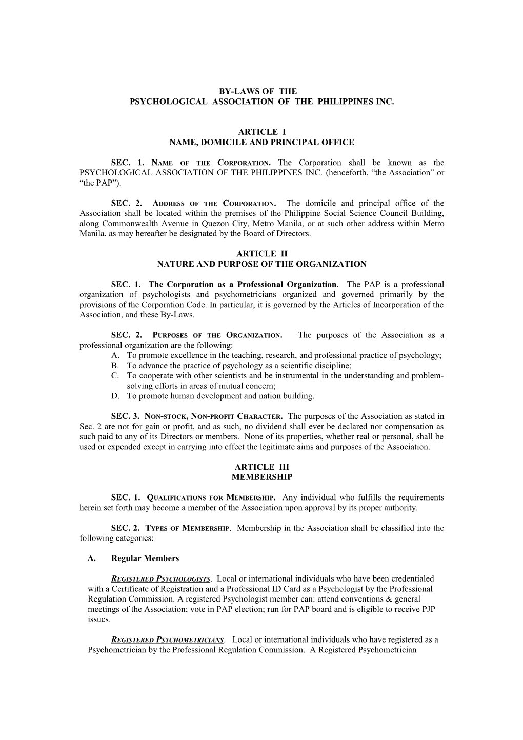 Comparison of the Existing Provisions of the By-Laws