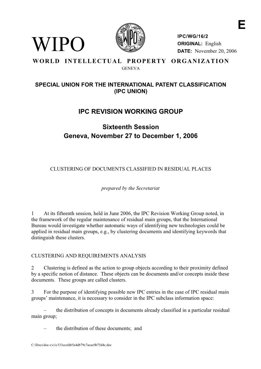 IPC/WG/16/2: Clustering of Documents Classified in Residuel Places