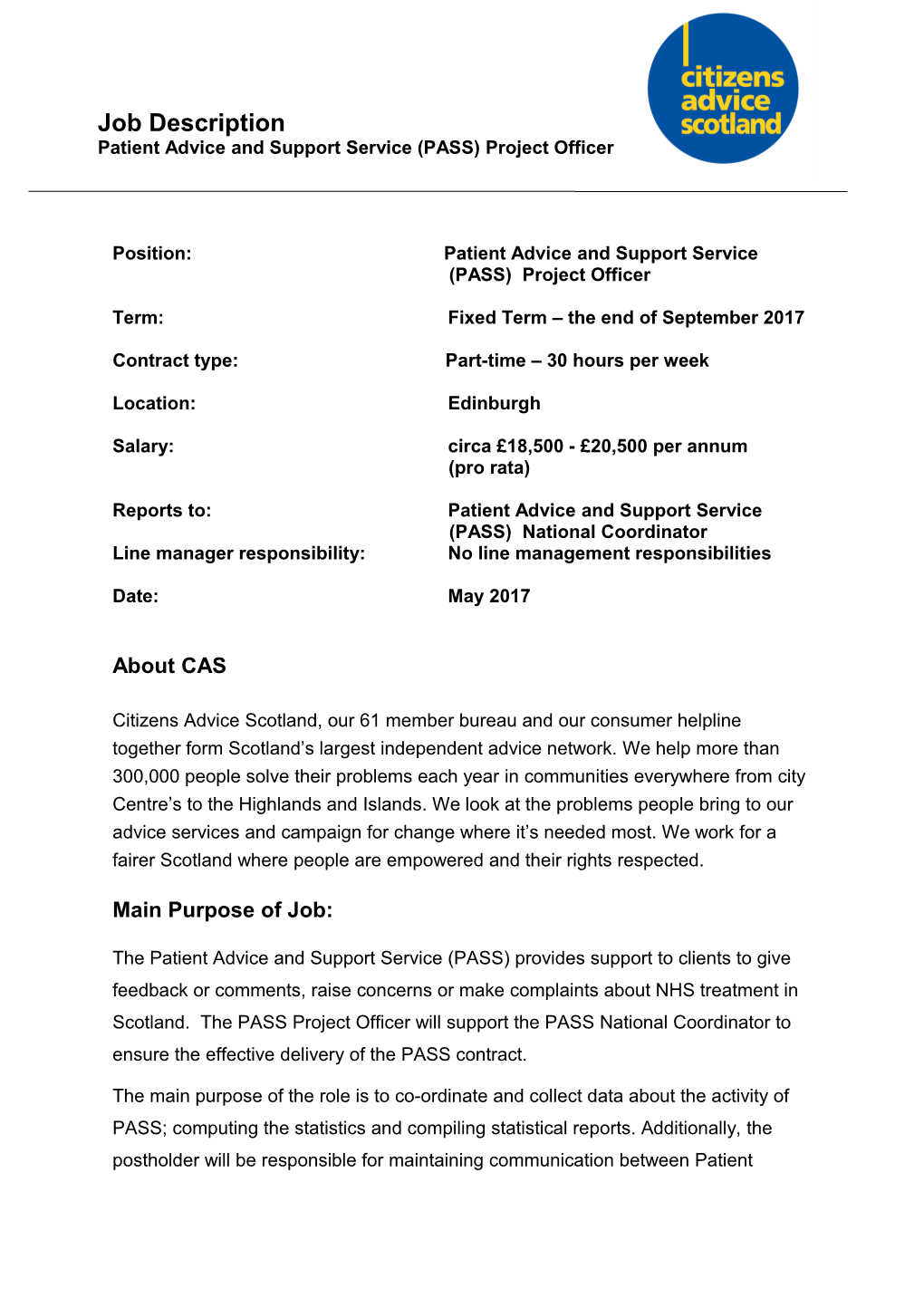 Position: Patient Advice and Support Service