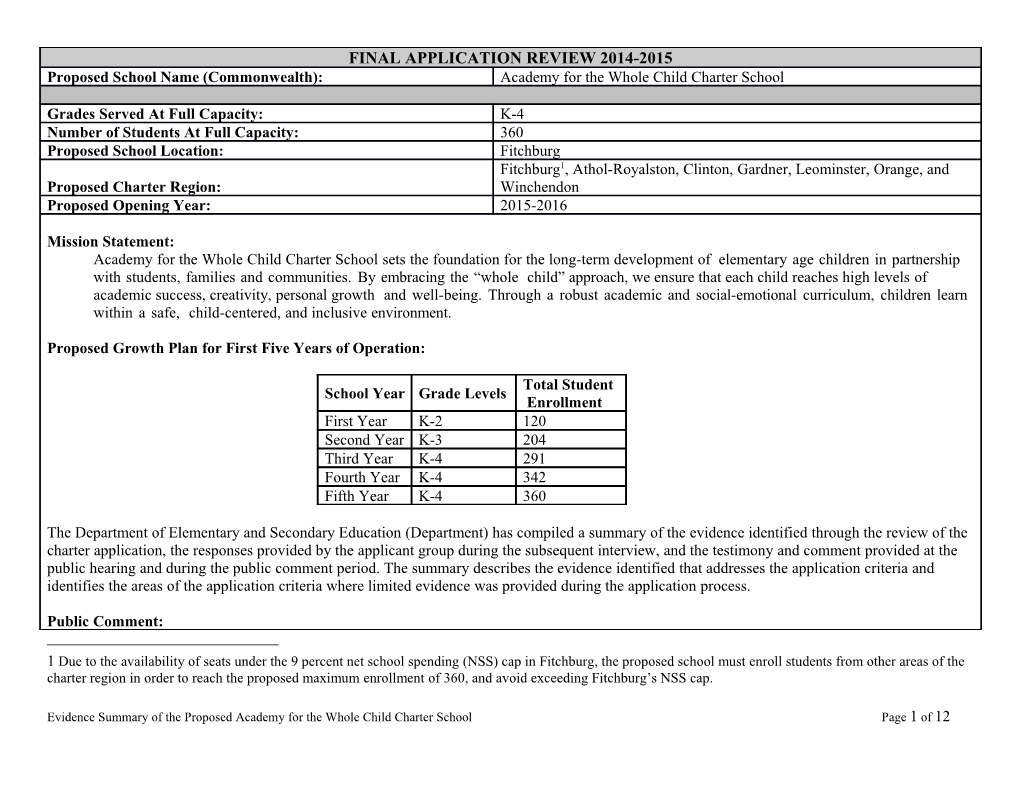 Academy for the Whole Child Charter School Application Review and Evidence Summary