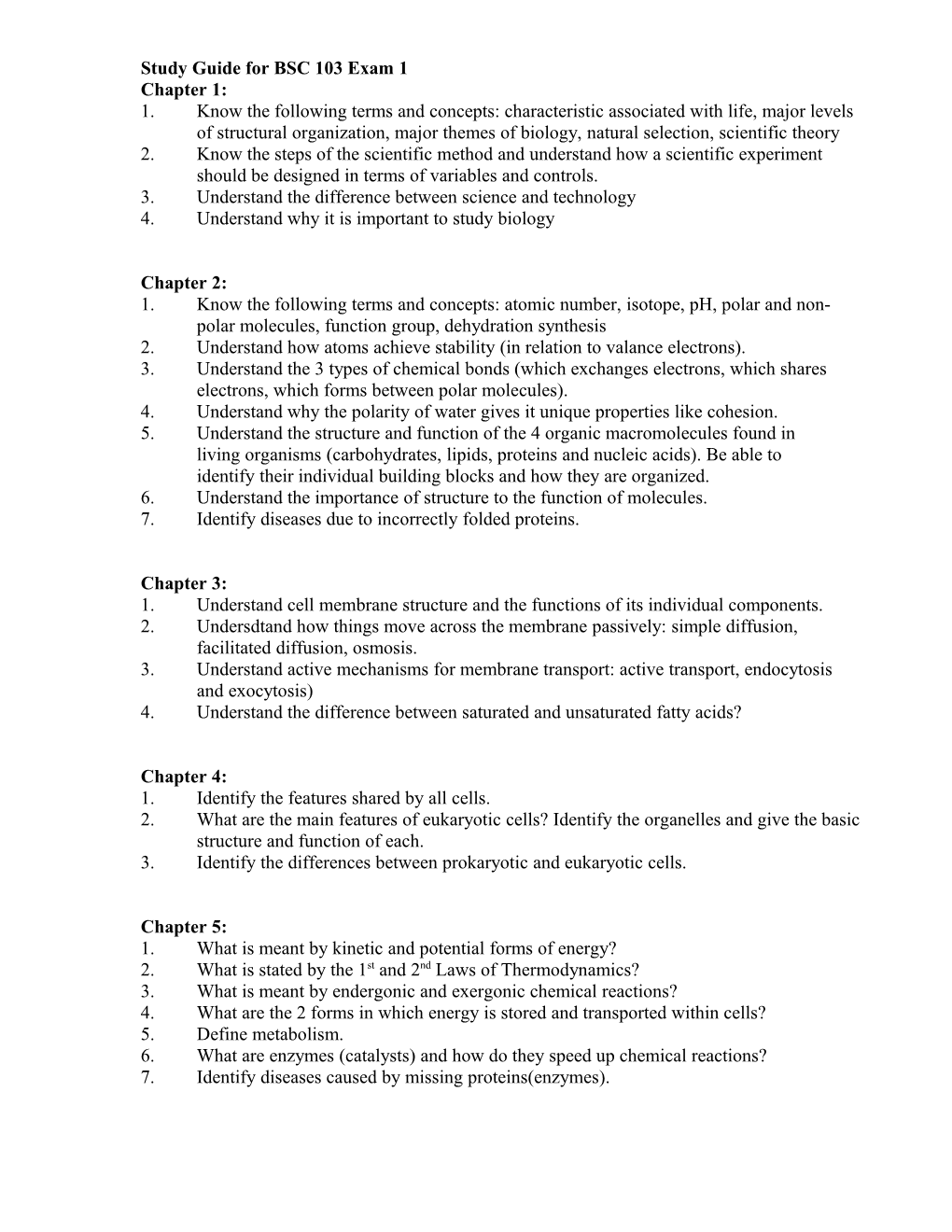 Study Guide for BSC 103 Exam 1