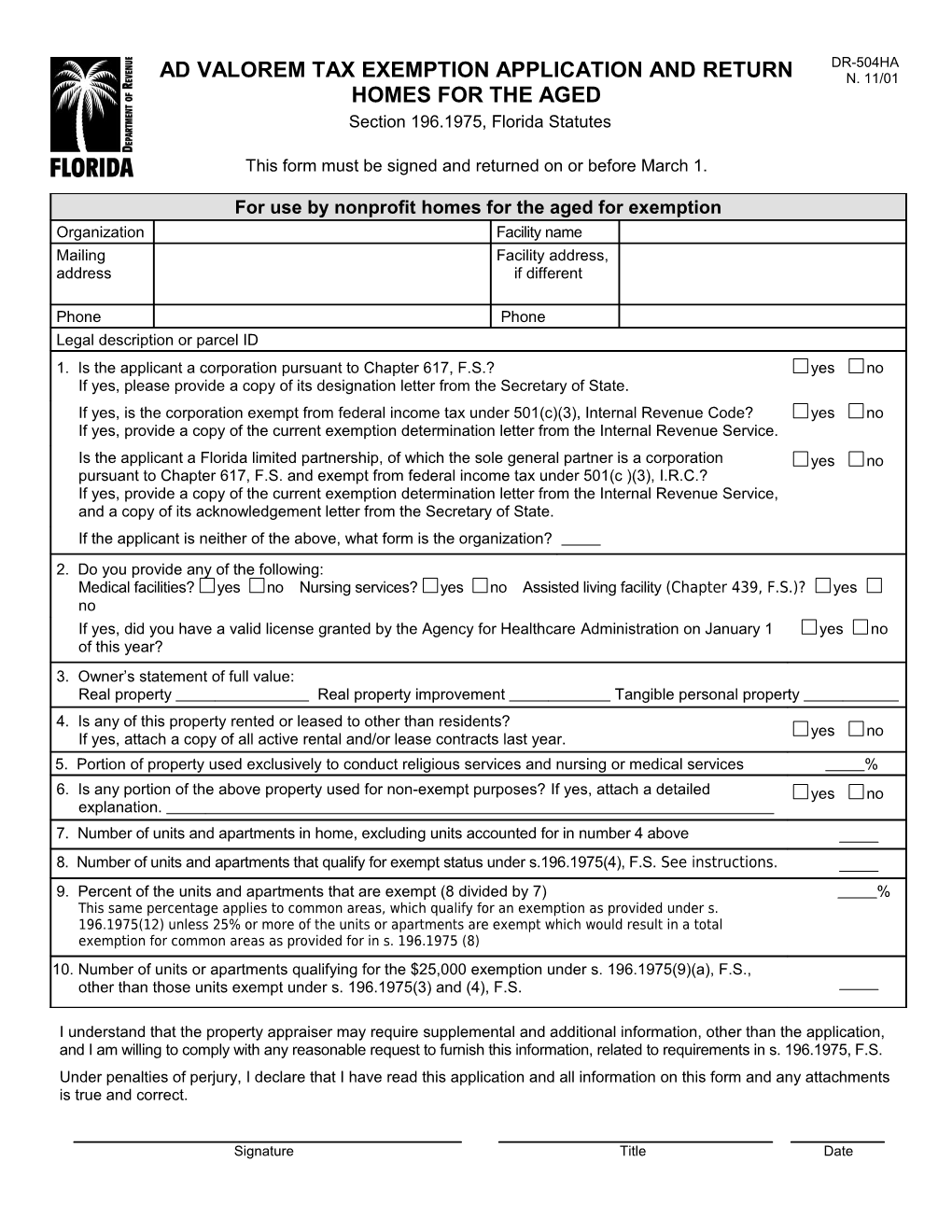 Ad Valorem Tax Exemption Application and Return, Homes for the Aged