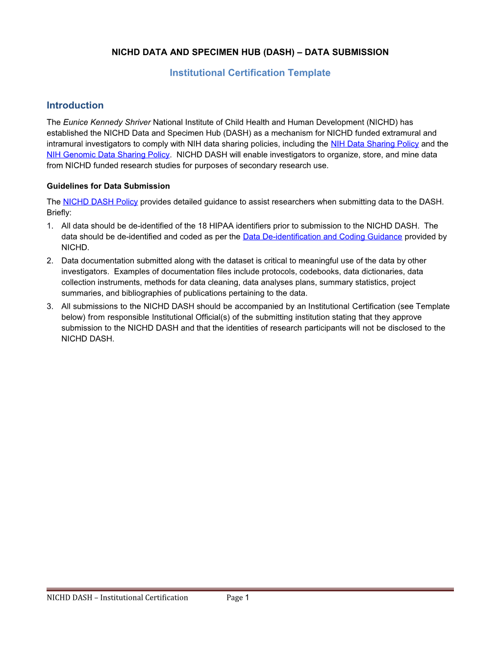 NICHD DASH Institutional Certification Template