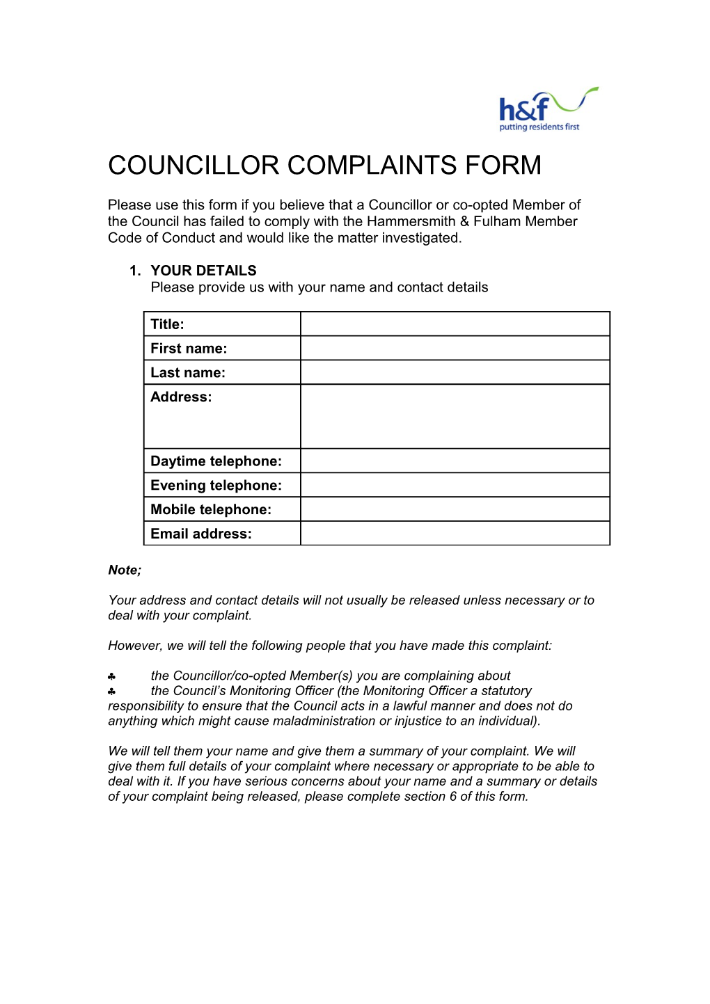 Councillor Complaints Form