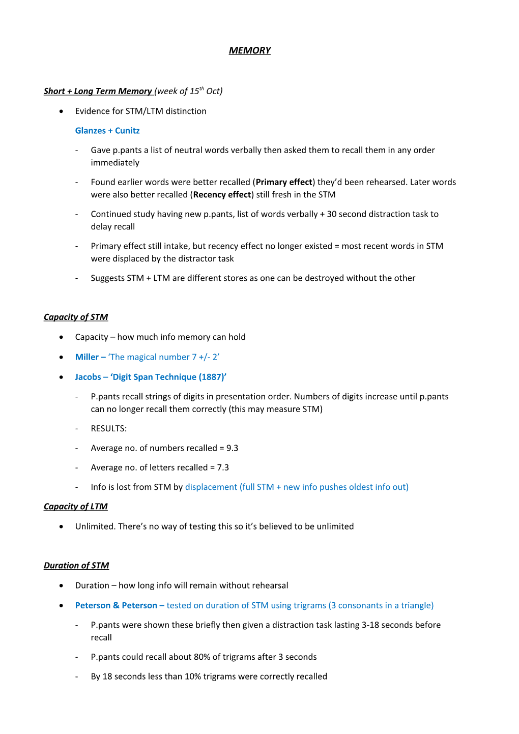 Short + Long Term Memory (Week of 15Th Oct)