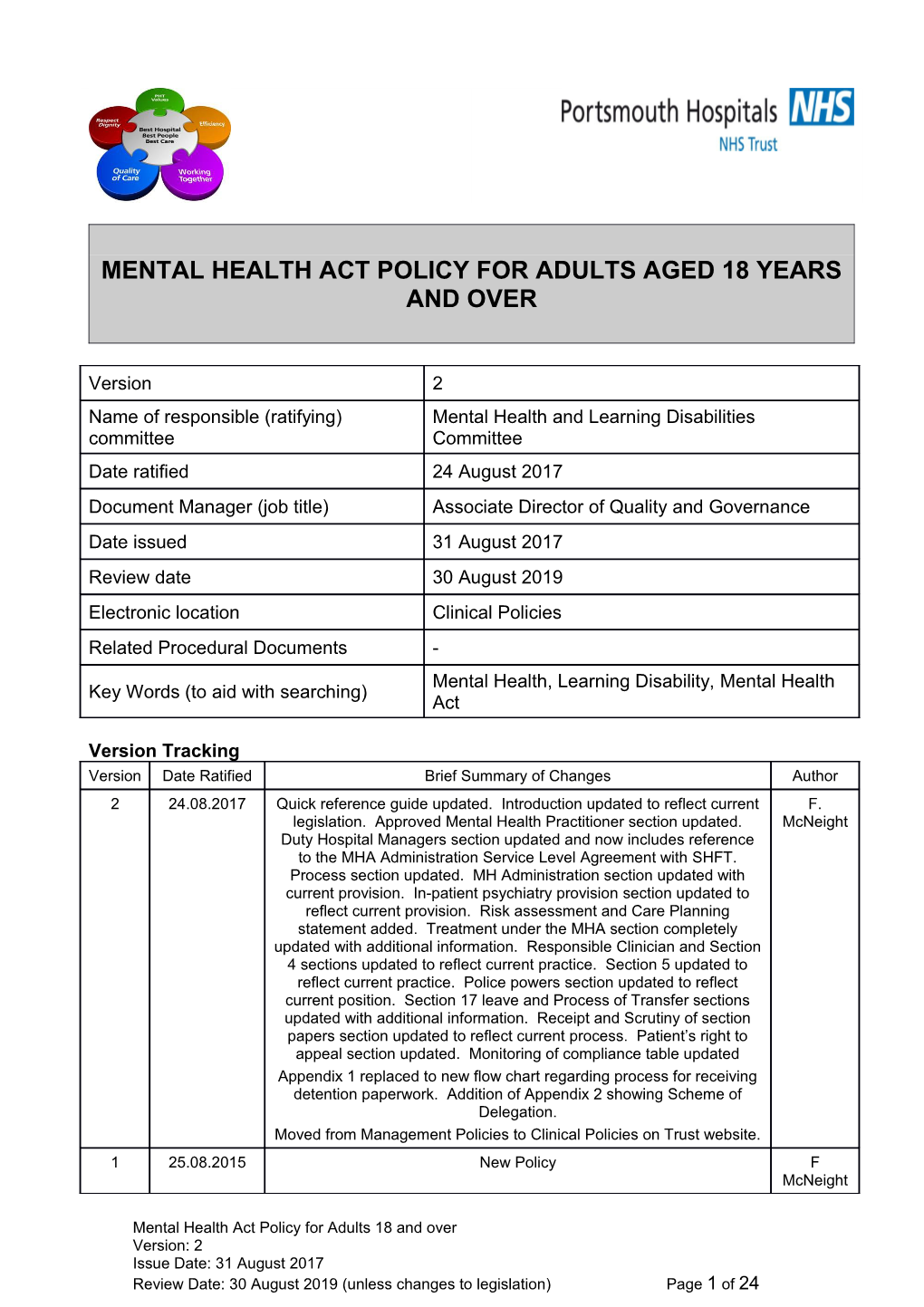 Mental Health Act Policy for Adults Aged 18 Years and Over