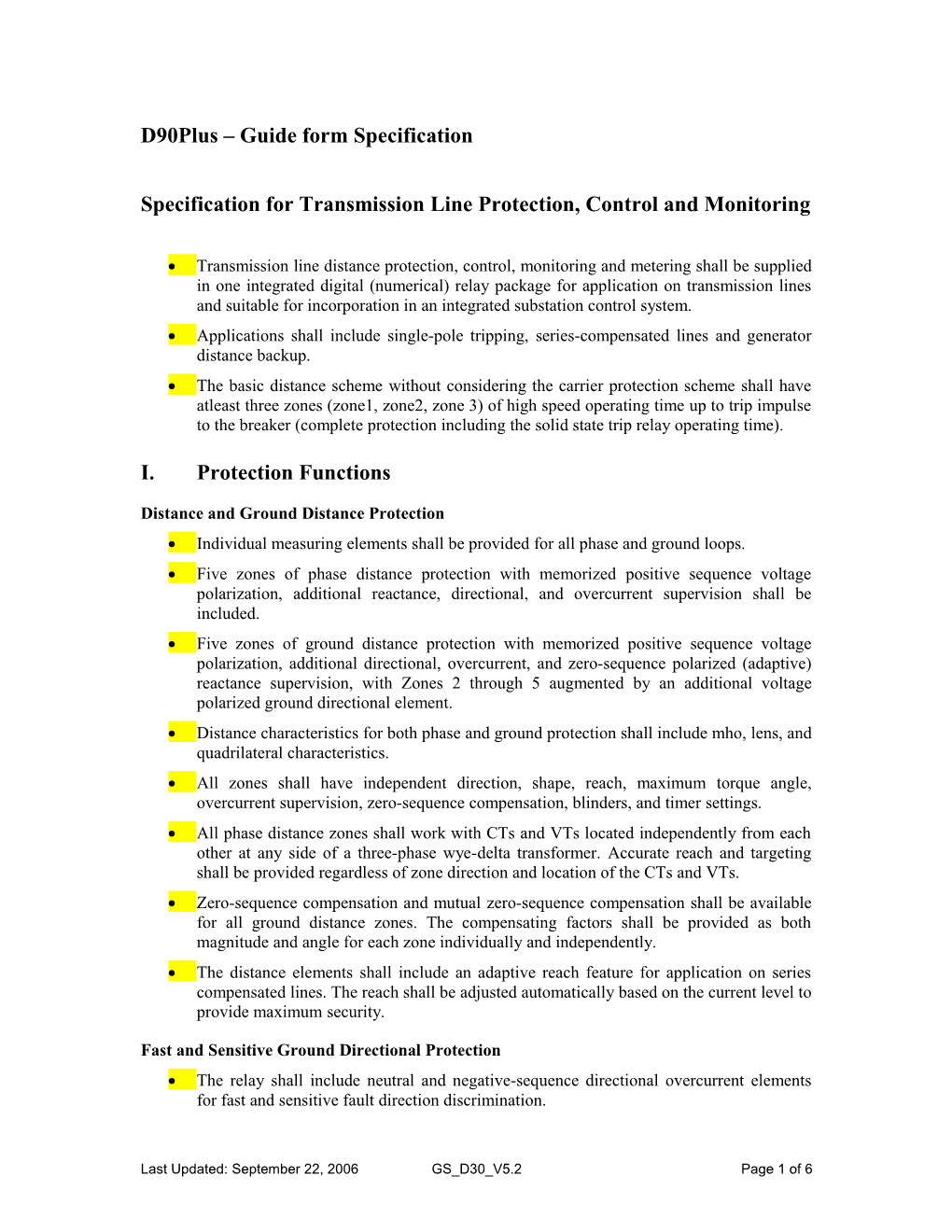 Specification for Transmission Line Protection, Control and Monitoring