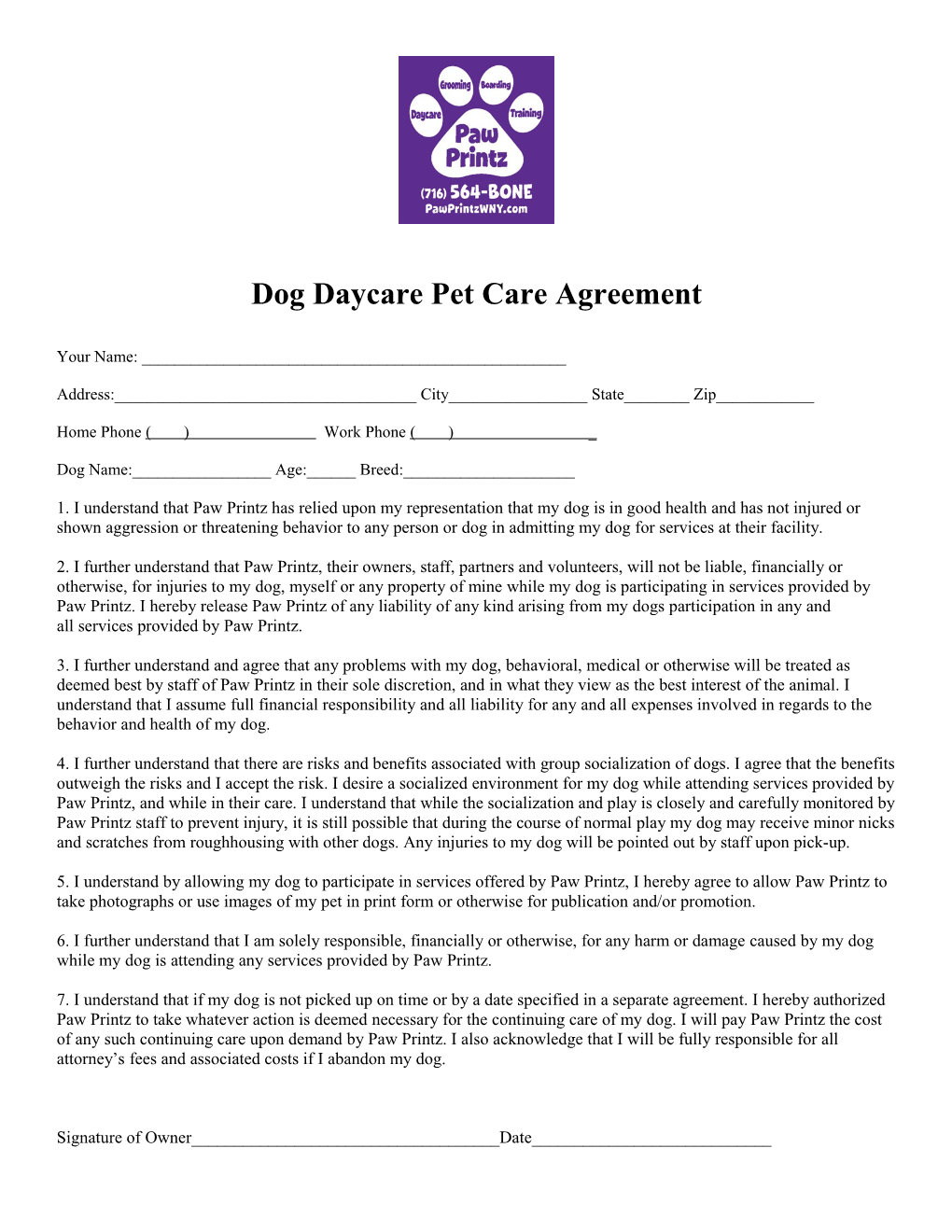 Dog Daycare Pet Care Agreement