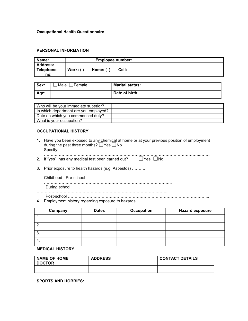 Occupational Health Questionnaire