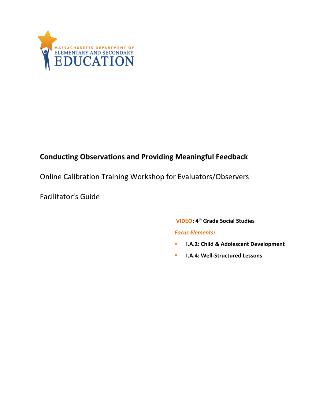 Calibration Workshop Facilitators Guide: 4Th Grade Social Studies