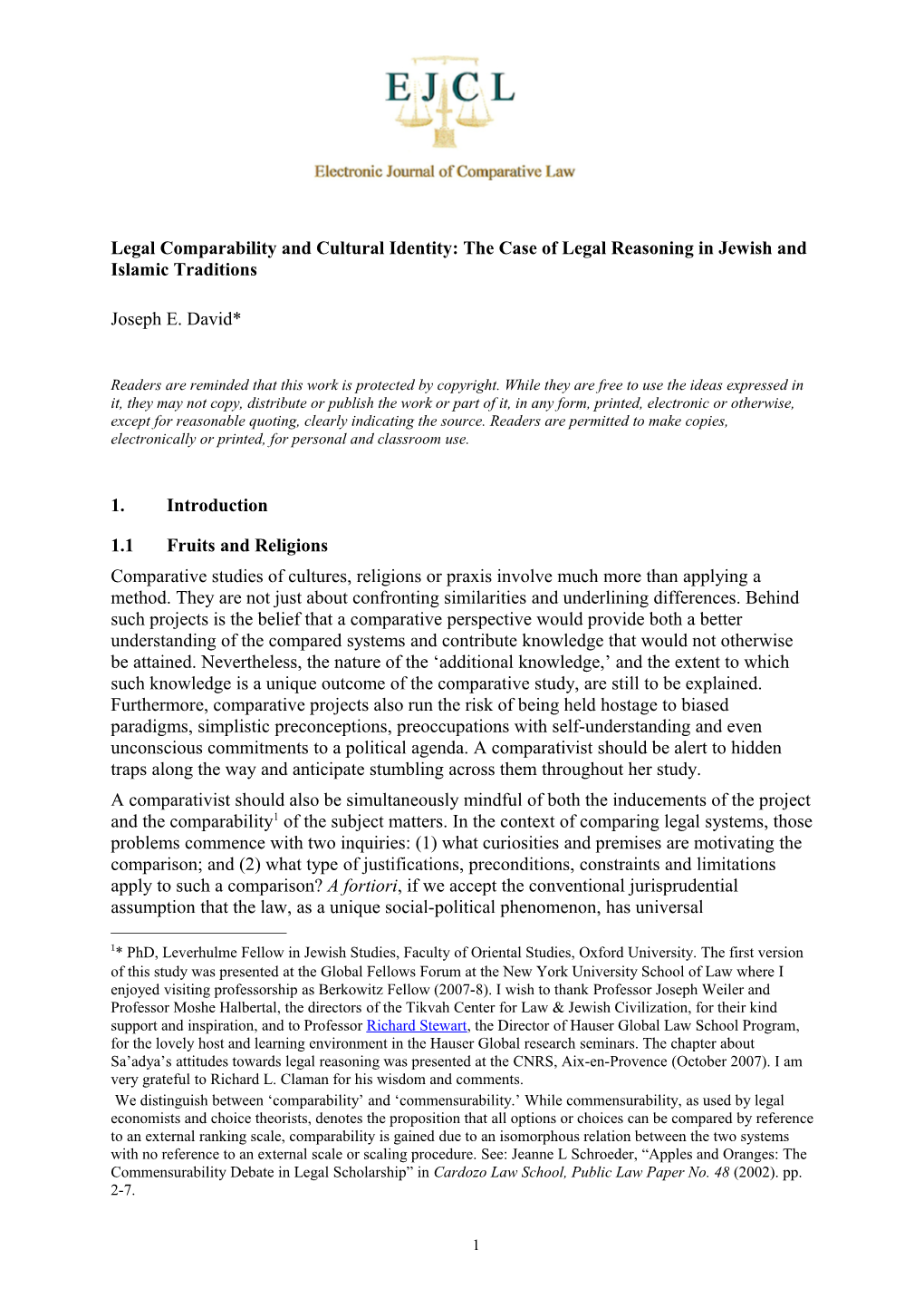 Legal Comparability and Cultural Identity:The Case of Legal Reasoning in Jewish and Islamic