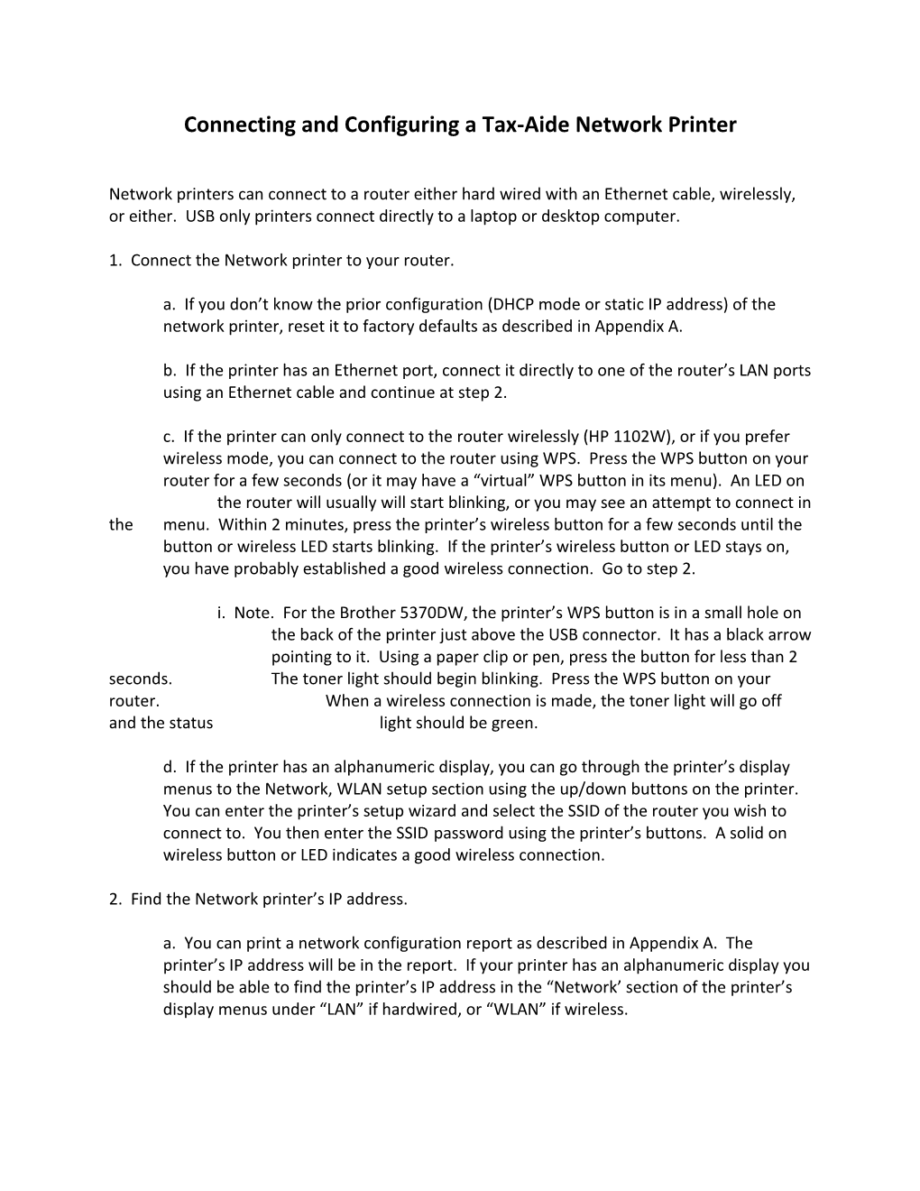 Connecting and Configuring a Tax-Aide Network Printer