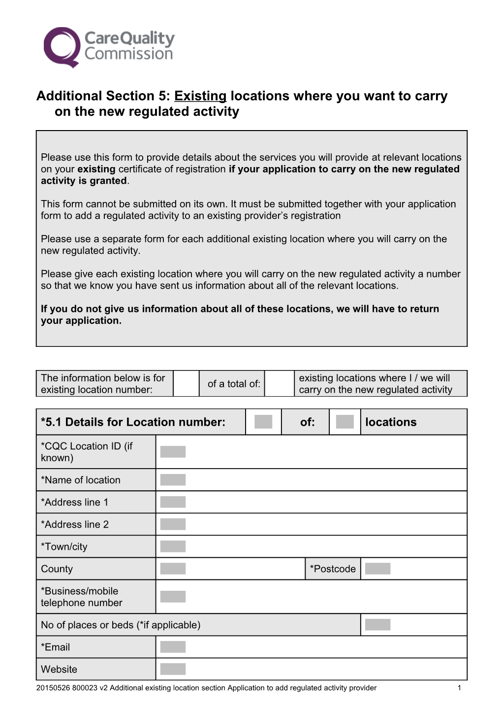 Form for Additional Existing Location for New RA