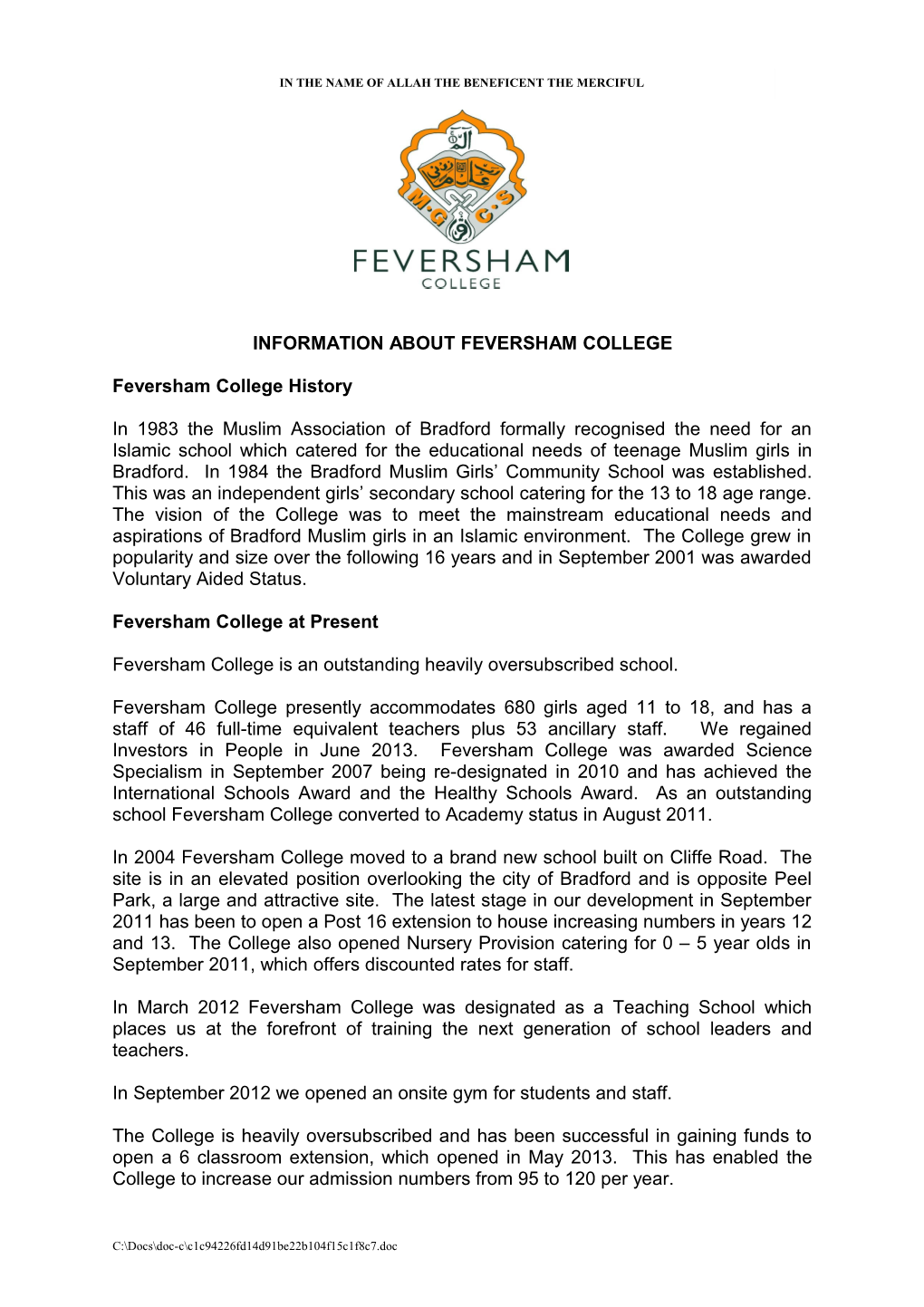 Information About Feversham College