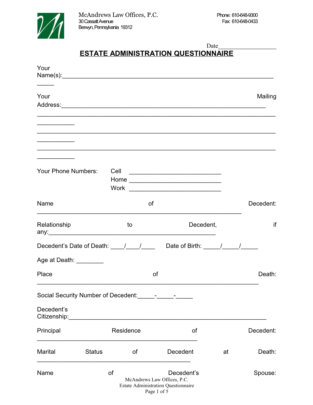 Estate Administration Questionnaire