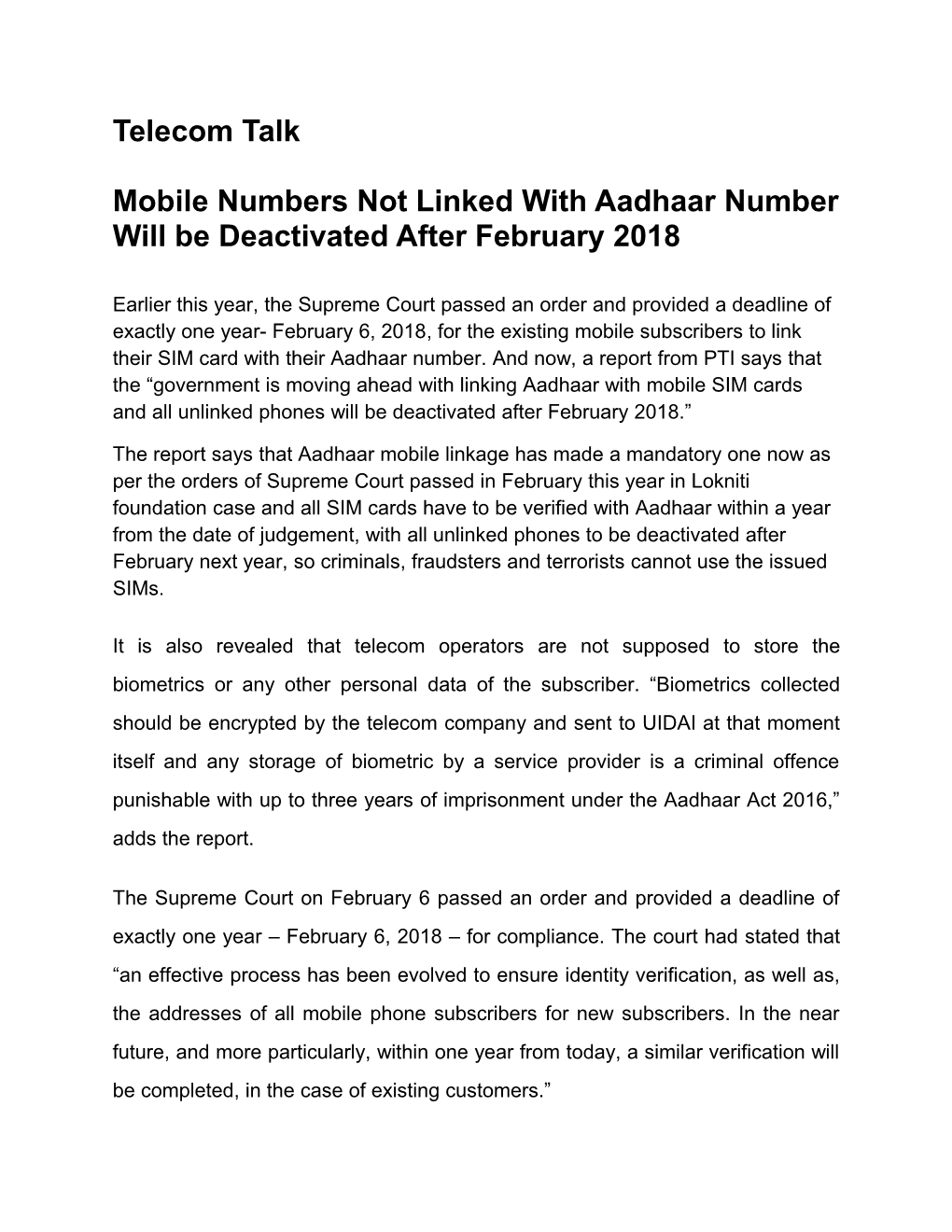 Mobile Numbers Not Linked with Aadhaar Number Will Be Deactivated After February 2018