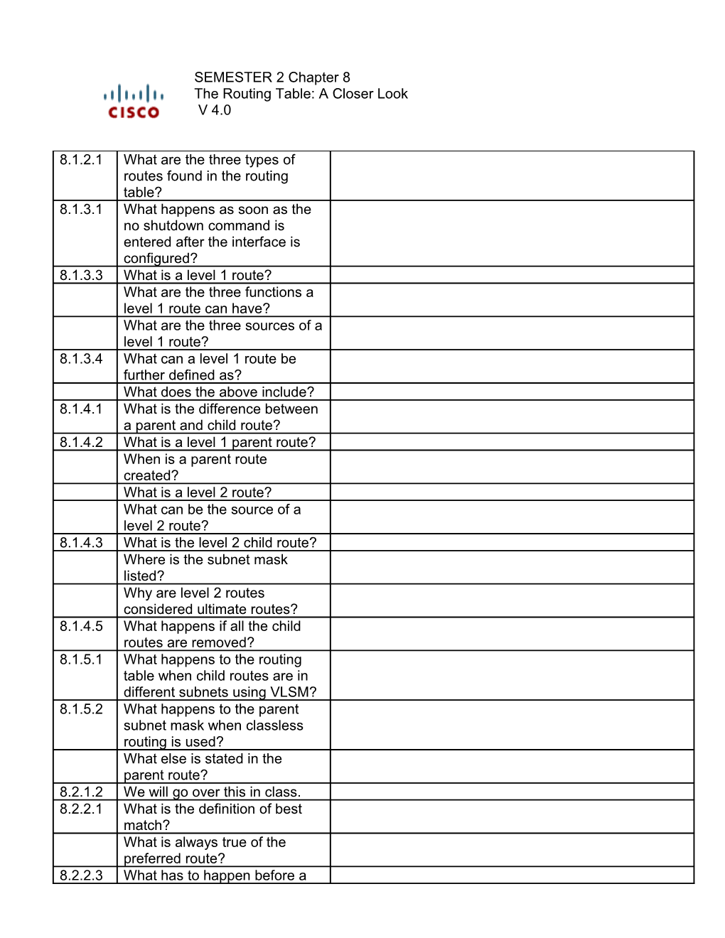 SEMESTER 2 Chapter 8 the Routing Table: a Closer Look