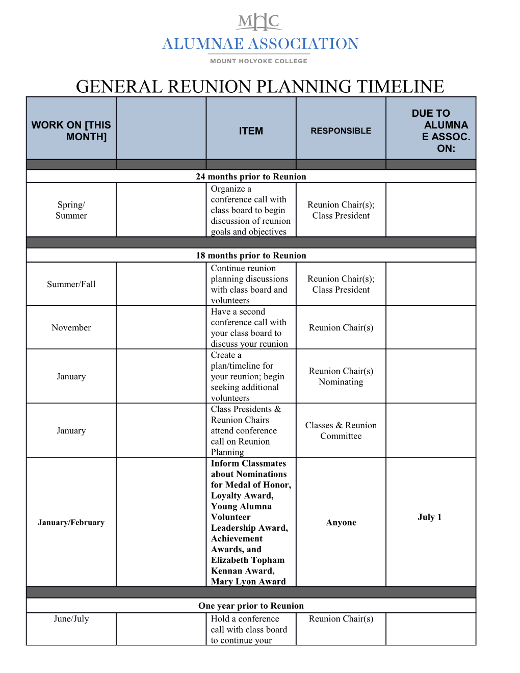 General Reunion Planning Timeline