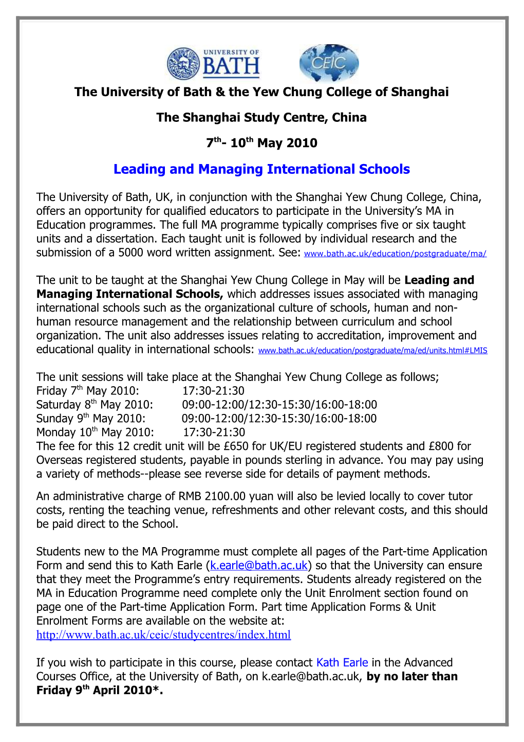 The University of Bath & the Yew Chung College of Shanghai