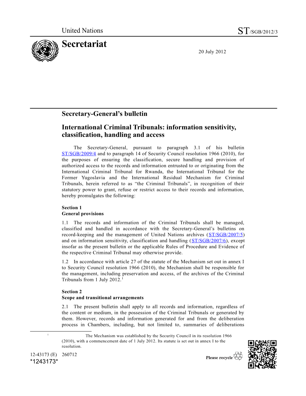 International Criminal Tribunals: Information Sensitivity, Classification, Handling and Access