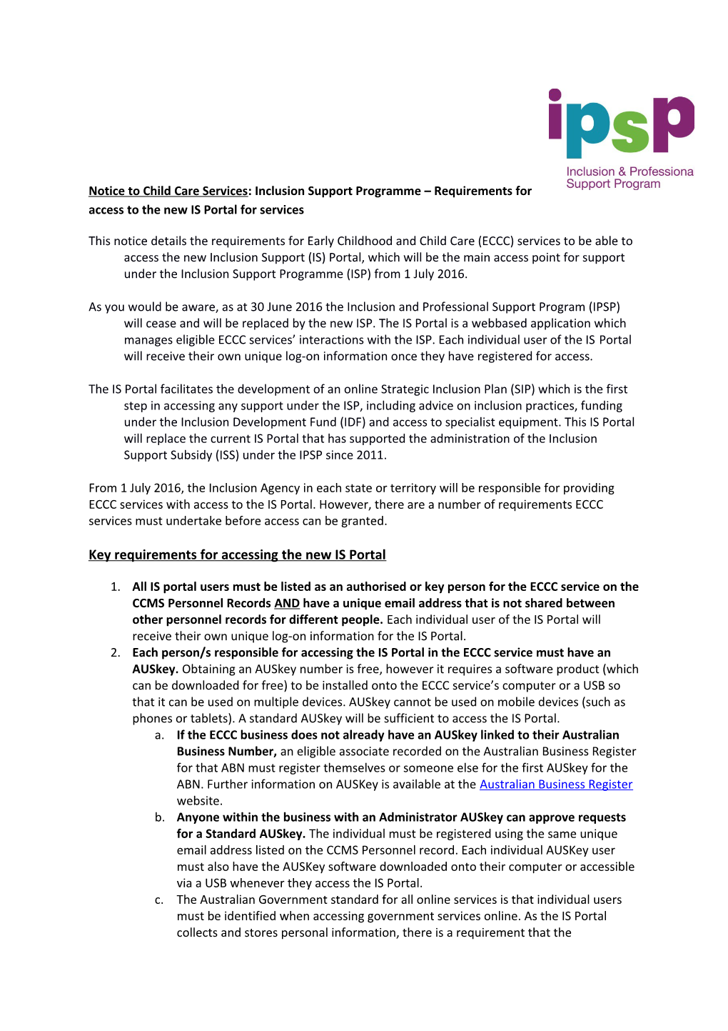 Notice to Child Care Services:Inclusion Support Programme Requirements for Access to The