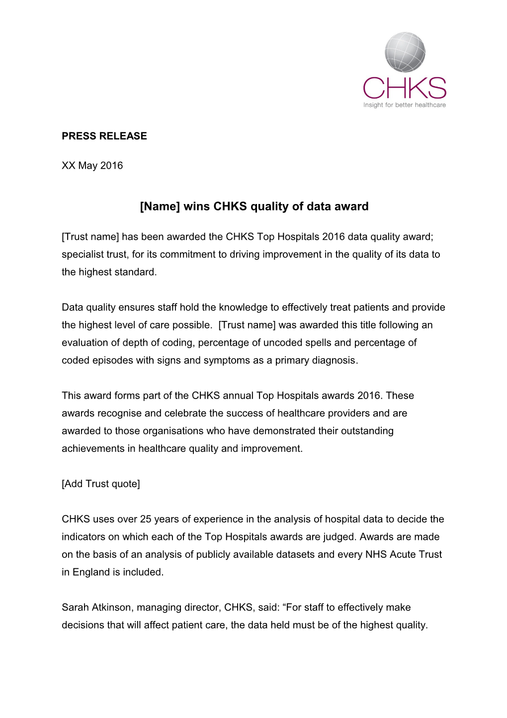 Name Wins CHKS Quality of Data Award