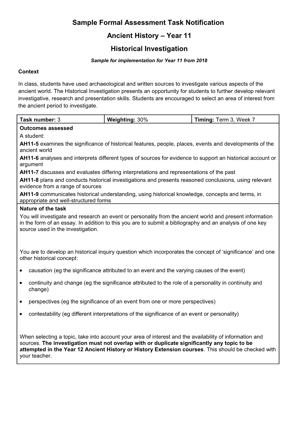 Sample Formal Assessment Task - Modern History Stage 6 Year 11 - Historical Investigation