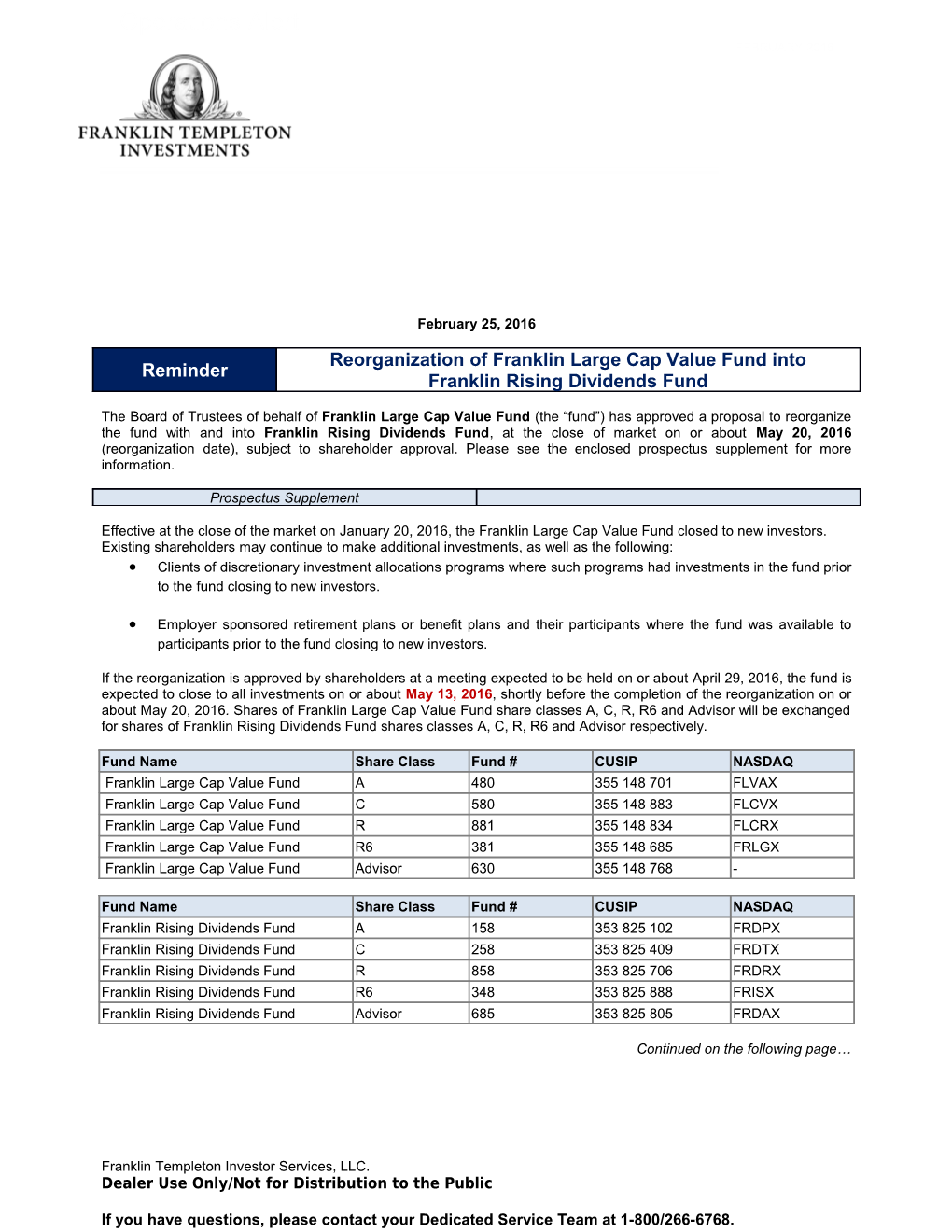 The Board of Trustees of Behalf of Franklin Large Cap Value Fund (The Fund ) Has Approved