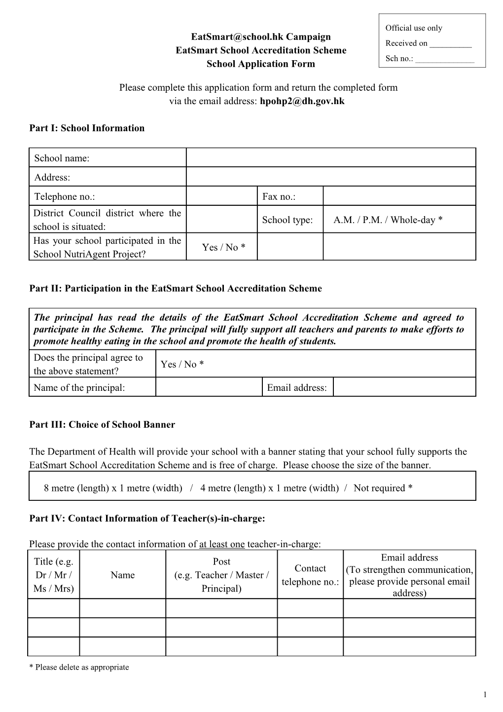 Eatsmart School.Hk Campaign Eatsmart School Accreditation Scheme School Application Form