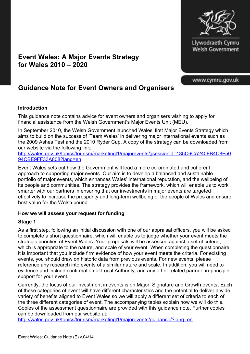 Event Wales: a Major Events Strategy for Wales 2010 2020