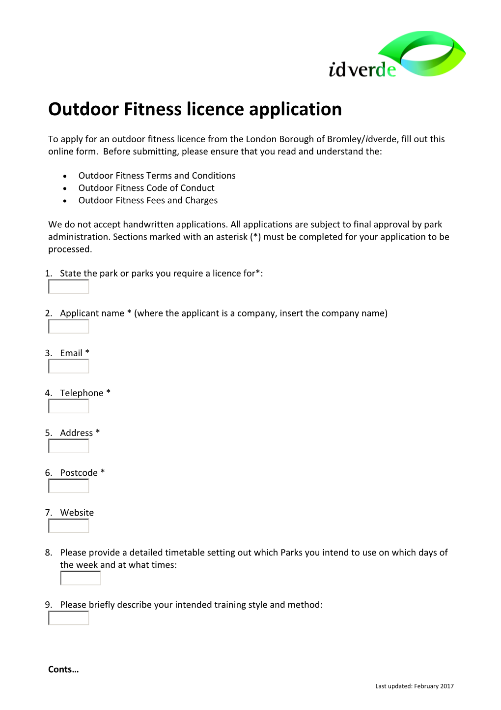 Outdoor Fitness Licence Application