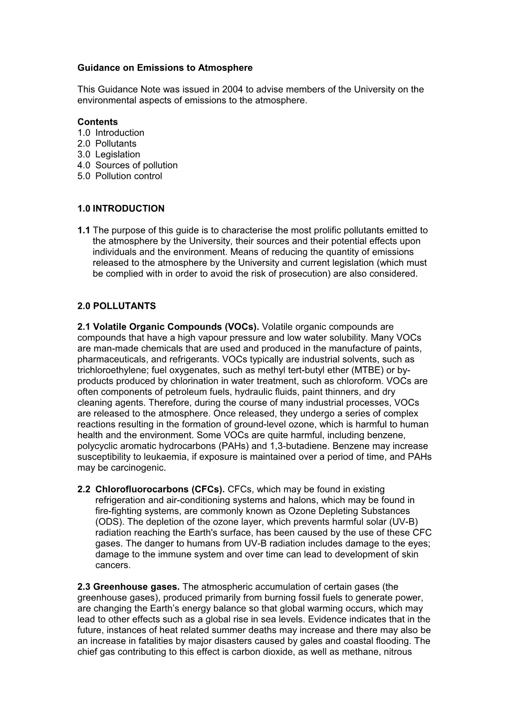 Emissions to the Atmosphere and the University