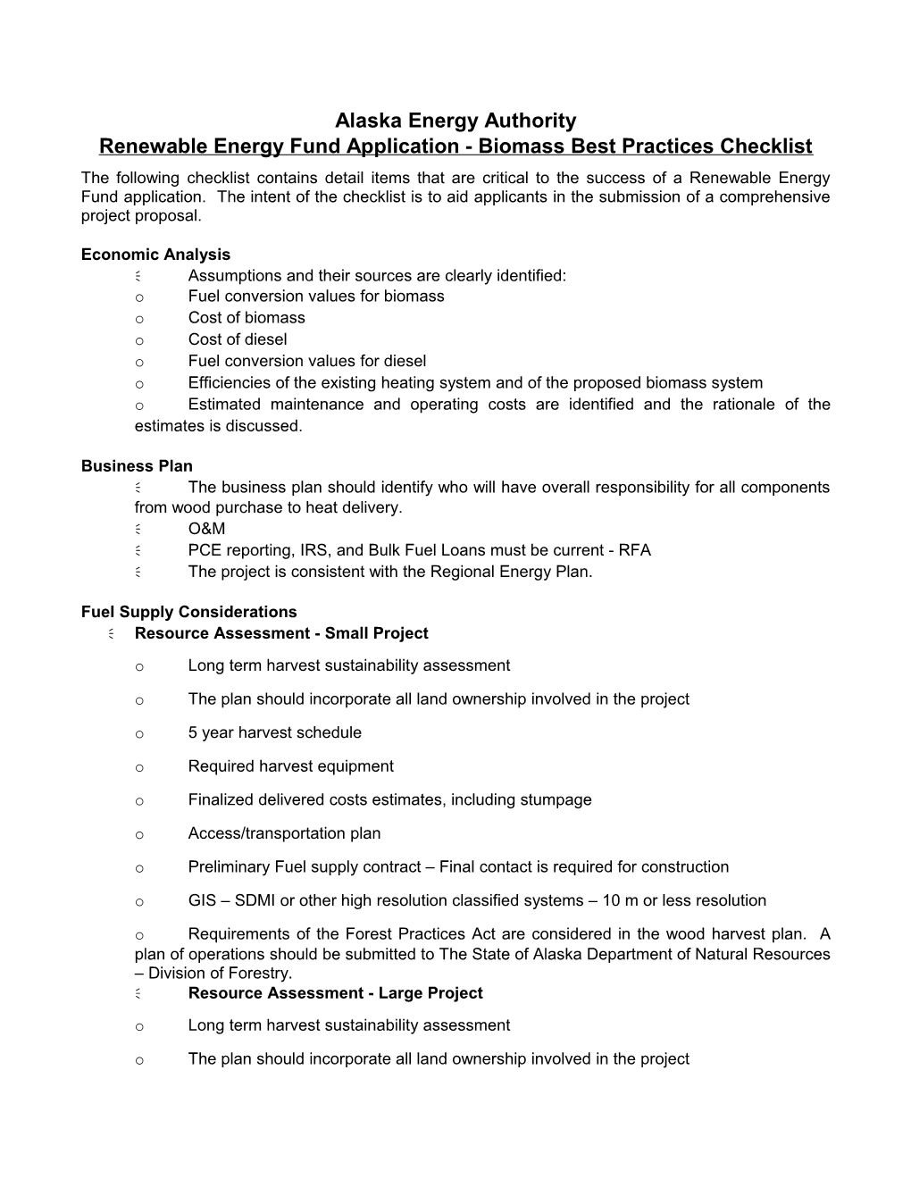 Renewable Energy Fund Application - Biomass Best Practices Checklist
