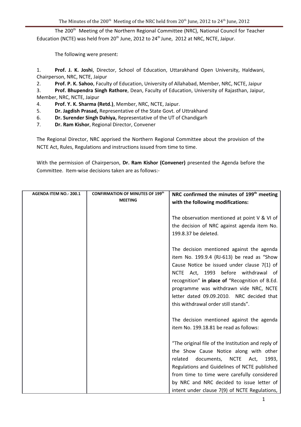 The Minutes of the 200Th Meeting of the NRC Held from 20Th June, 2012 to 24Th June, 2012